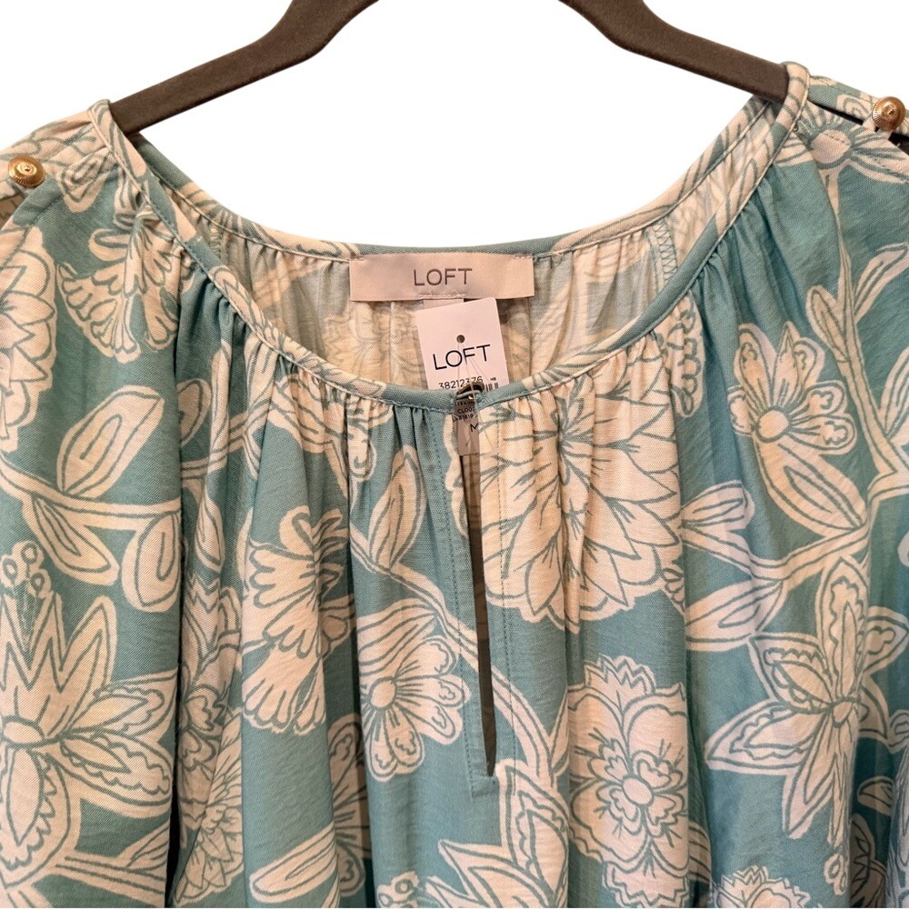LOFT Green Floral Print Split Neck Tie Waist Long Sleeve Mini Dress-NWT-Medium - Picture 3 of 10